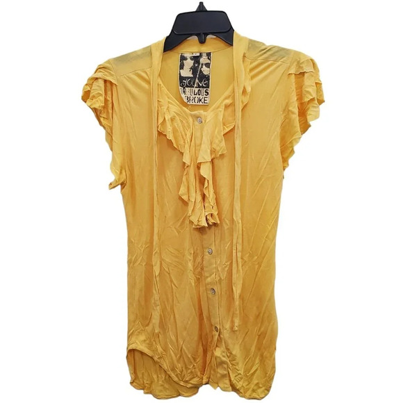 Young Fabulous & Broke‎ Women's Yellow Modal Tie Neck Ruffle Button Up Top Sz L - Picture 1 of 6